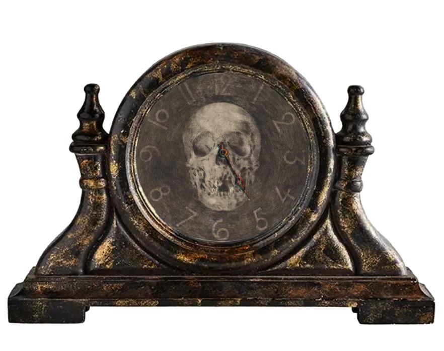 An old, seemingly burned brass clock. Its face has a faded skull behind it and hand-written numbers. There is only a single hand on it that seems warped between the colors red and blue. The hand points to the number 5.